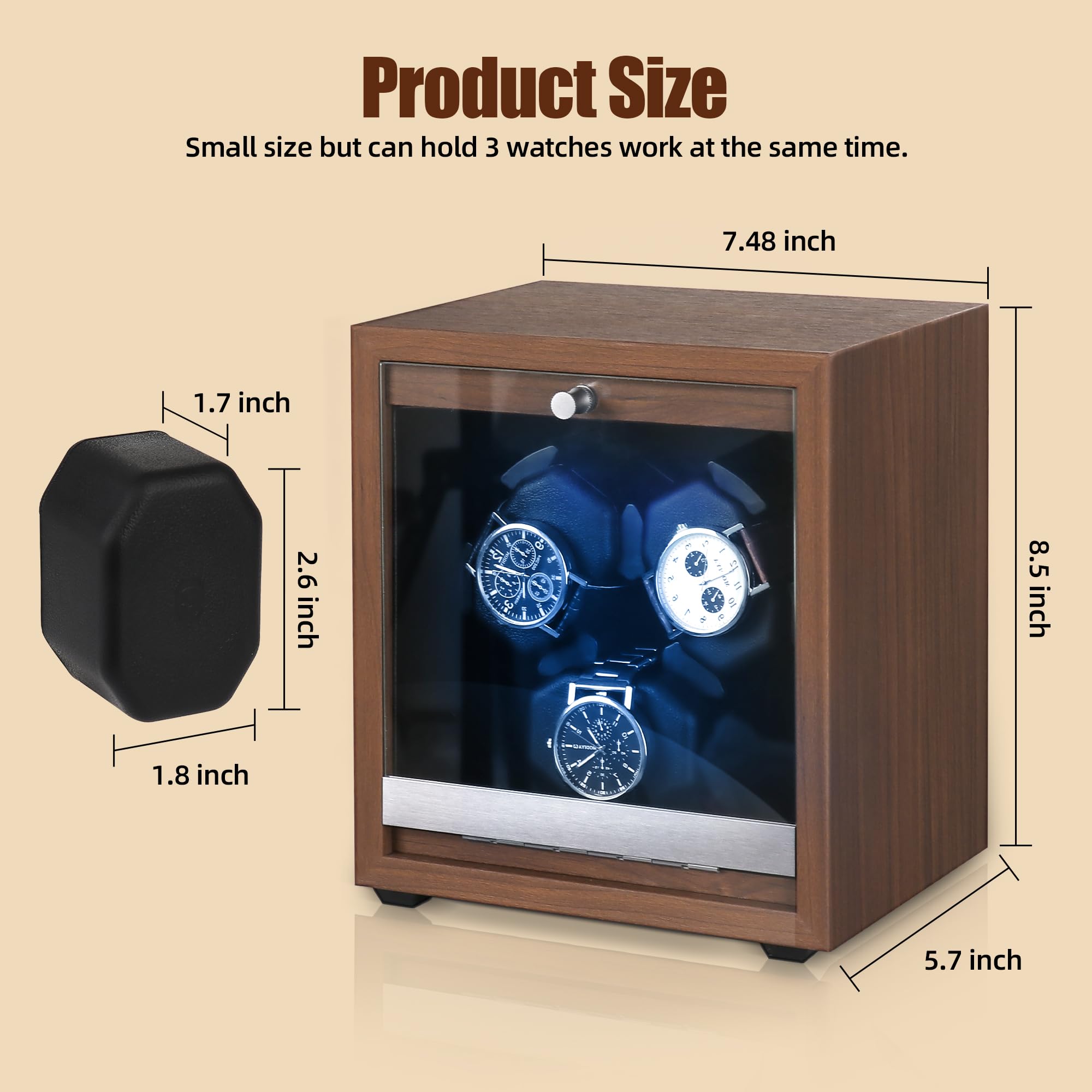 3 Watch Winder for Automatic Watches Wooden Automatic Watch Winder with Super Quiet Japanese Motor, 4 Rotation Mode, Blue LED Light, Memory Foam Pillows for Man & Woman