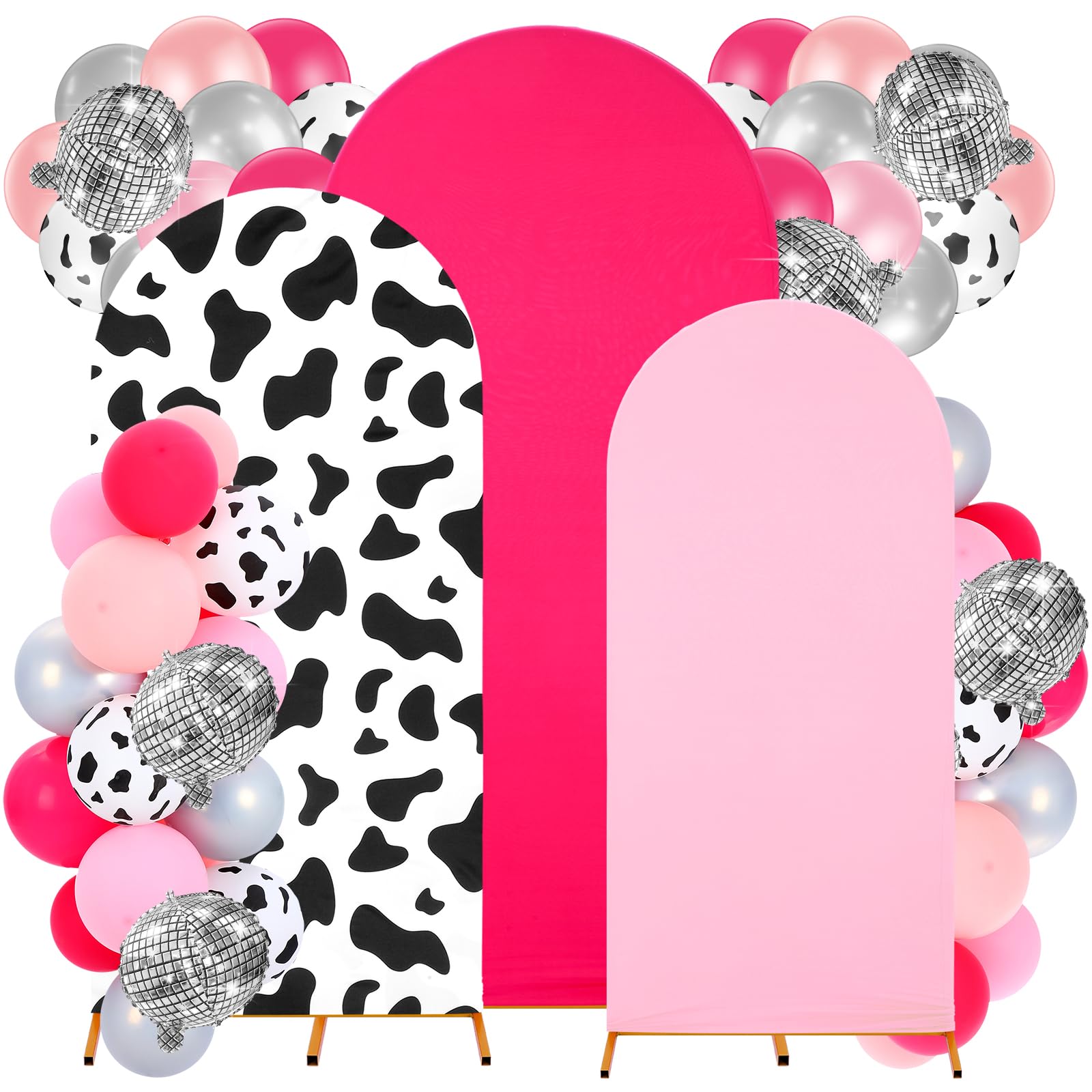 Photo 1 of Foilswirl 34 Pieces Disco Cowgirl Party Decorations Cowgirl Arch Covers 4ft 5ft 6ft Pink Spandex Backdrop Covers Hot Pink Silver Balloon Disco Foil Balloons for Birthday Bachelorette Wedding Party