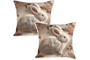 Easter Pillow Covers 18x18, Set of 2 - Bunny Rabbit Embroidery on Soft Plush for Sofa, Living Room & Bedroom Decor - Machine 