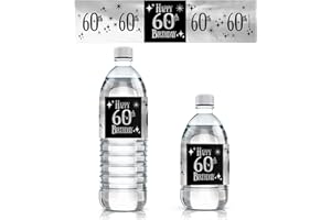 DISTINCTIVS Black and Silver 60th Birthday Water Bottle Labels - Shiny Foil - 24 Stickers