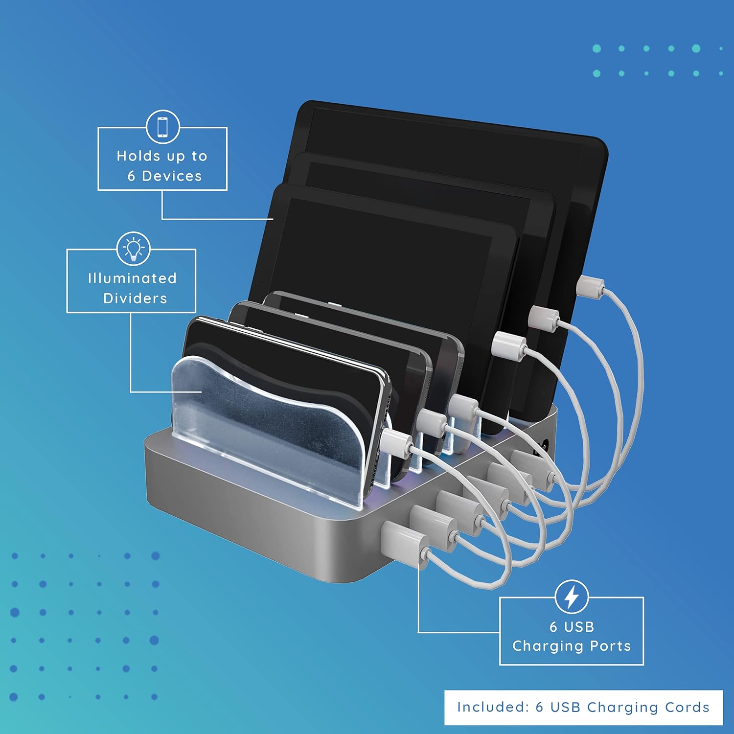 Hercules Tuff Charging Station for Multiple Devices, with 6 USB Ports, Compatible with Cell Phones, Smart Phones, Tablets, and Other Electronics
