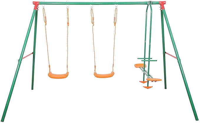 Sportplus Kinderschaukel mit 2 Schaukeln & 1 Tellerwippe, wetterbeständige Gartenschaukel für Kinder inkl. Montageset & Boden