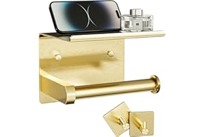 Tindbea Toilet Paper Holder with Phone Shelf + Towel Robe Hooks, Adhesive or Screw Wall Mounted Toilet Paper Roll Storage Dispenser, Stainless Steel Bathroom Tissue Roll Holder (Brushed Gold)