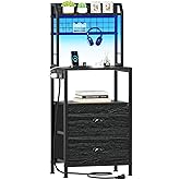 Furologee 40'' Tall Nightstand with Charging Station, Bedside Table with LED Lights, End Table with 2 Drawers and Storage Shelves, Night Stand with Pegboard for Bedroom, Black Oak