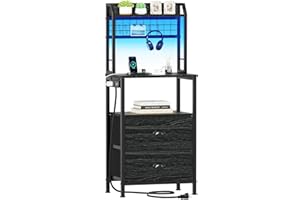 Furologee 40'' Tall Nightstand with Charging Station, Bedside Table with LED Lights, End Table with 2 Drawers and Storage Shelves, Night Stand with Pegboard for Bedroom, Black Oak