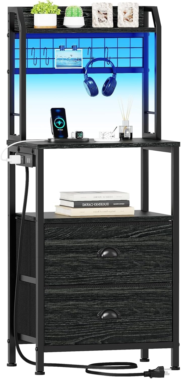 Photo 1 of Furologee 40'' Tall Nightstand with Charging Station, Bedside Table with LED Lights, End Table with 2 Drawers and Storage Shelves, Night Stand with Pegboard for Bedroom, Black Oak