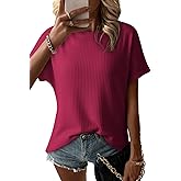 Dokotoo Women's Casual Boat Neck Short Sleeve Waffle Knit Shirts Loose Summer Tunic Tops Blouses