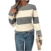 Verdusa Women's Colorblock Pullover Sweater Old Money Crew Neck Long Sleeve Knit Tops Trendy Fall Clothes
