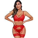 ssyyx Sexy Lingerie for Women,3 Piece Lace Lingerie Set Bra and Panty Sets with Garter Belt Babydoll Teddy