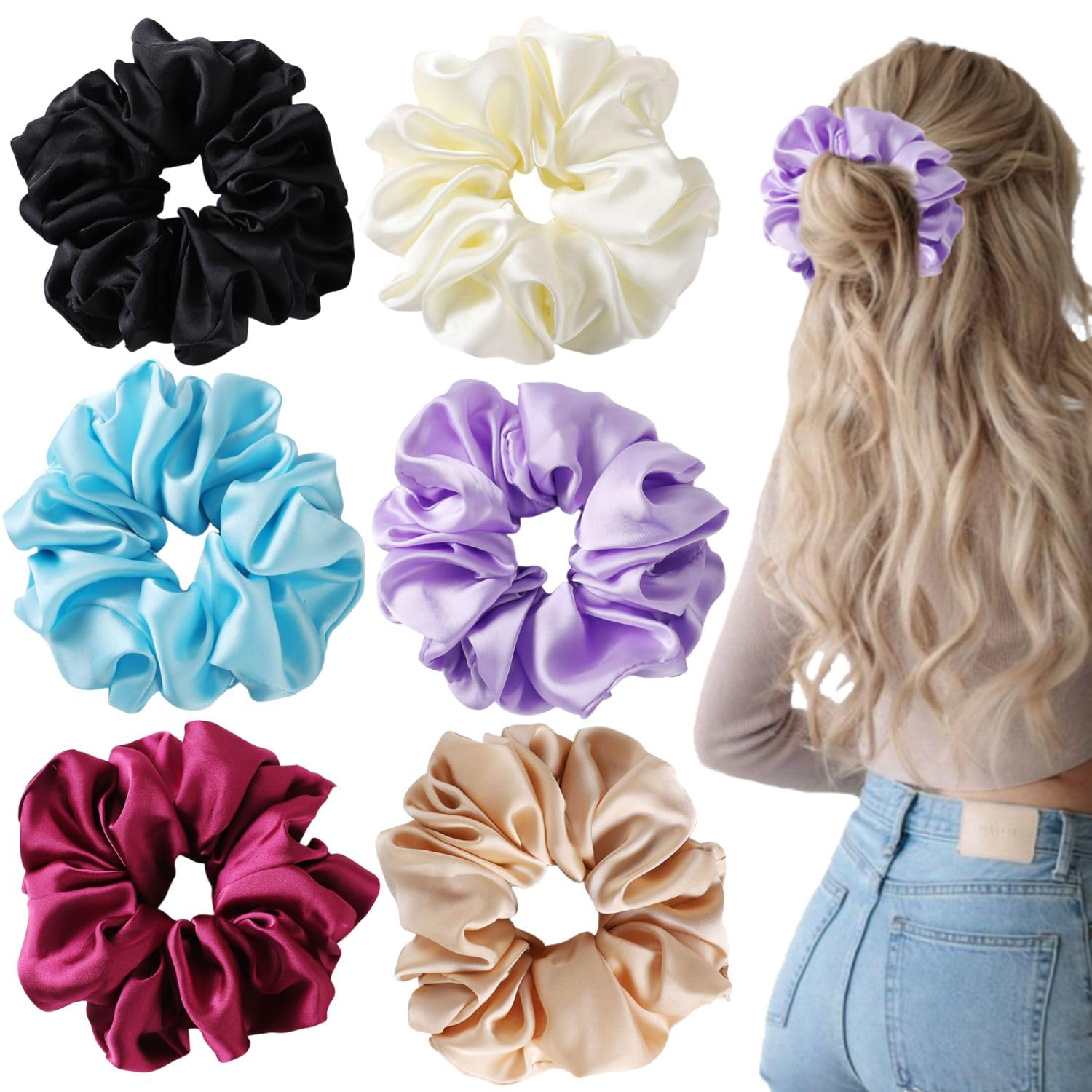 Big Satin Scrunchies - 6 PCS Oversized Jumbo Scrunchies for Women's Thick & Curly Hair