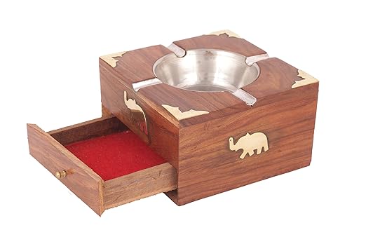 Be Stylish Hand Made Brown Wooden Ash Tray with Mini Utility Drawer