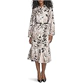 Calvin Klein Womens Long Balloon Sleeve Collared Neck Belted Ruffle Hem Midi Dress