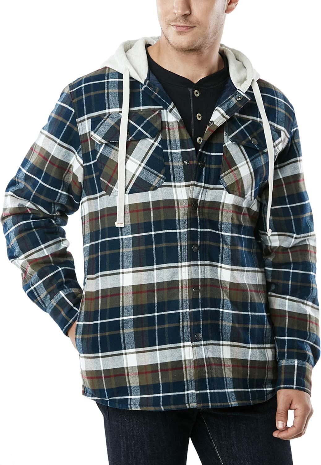 CQR Men’s Hooded Quilted Lined Flannel Shirt Jacket, Long Sleeve Plaid Button Up Jackets: Clothing