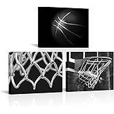 OuElegent 3 Panels Black and White Basketball Canvas Wall Art Basketball Hoop Nets Posters Sport Art Prints Modern Home Decor Framed for Men Boys Room Ready to Hang 12"x16"x3 Pcs (small)