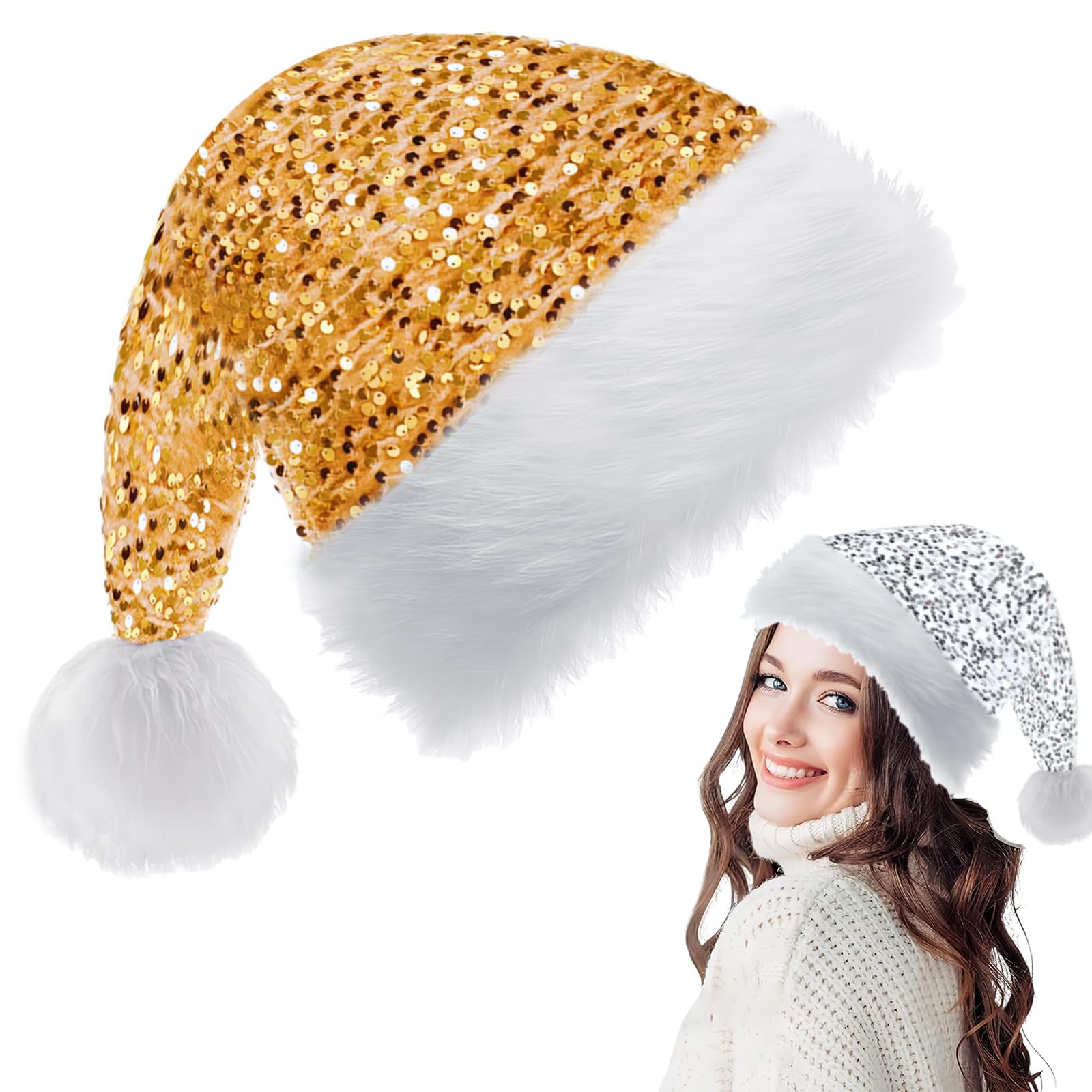 Gold Santa Christmas Hat 35*45cm for Adults, Kids - Shiny Sequin Xmas Plush Santa Claus Costume - Unisex Velvet Father Christmas Cap for Holiday New Year Party Gift