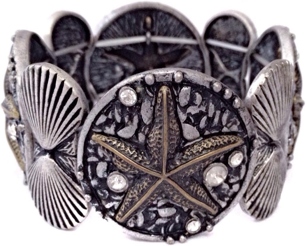 Burnished Silver Tone Gold Tone Starfish Disk Rhinestone Stretch Bracelet