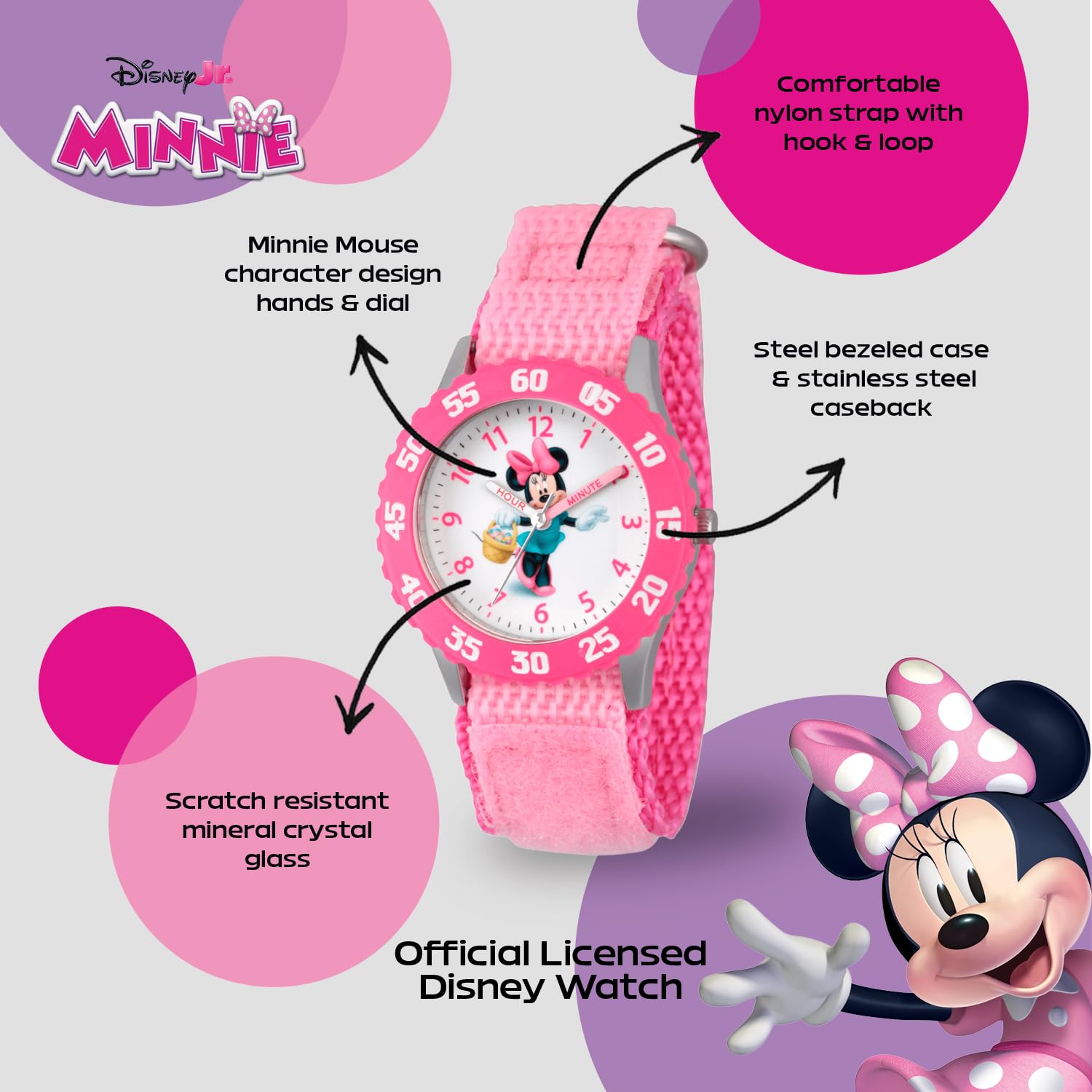 Disney Minnie Mouse Watch for Kids – Cute Minnie Watch for Girls & Toddlers, Pink Bezel, Purple Nylon Strap, Fun Mouse Watches Kids 3-5, Gift for Little Fans