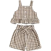 Giraropa Toddler Girl Outfits Set Ruffled Button Strap Crop Tops Plaid Shorts Set Matching Bowknot Belt Summer Clothes Set