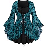 ROSE GAL Women Plus Size Flare Sleeves Ruffles Flower Lace Up 2 in 1 Top