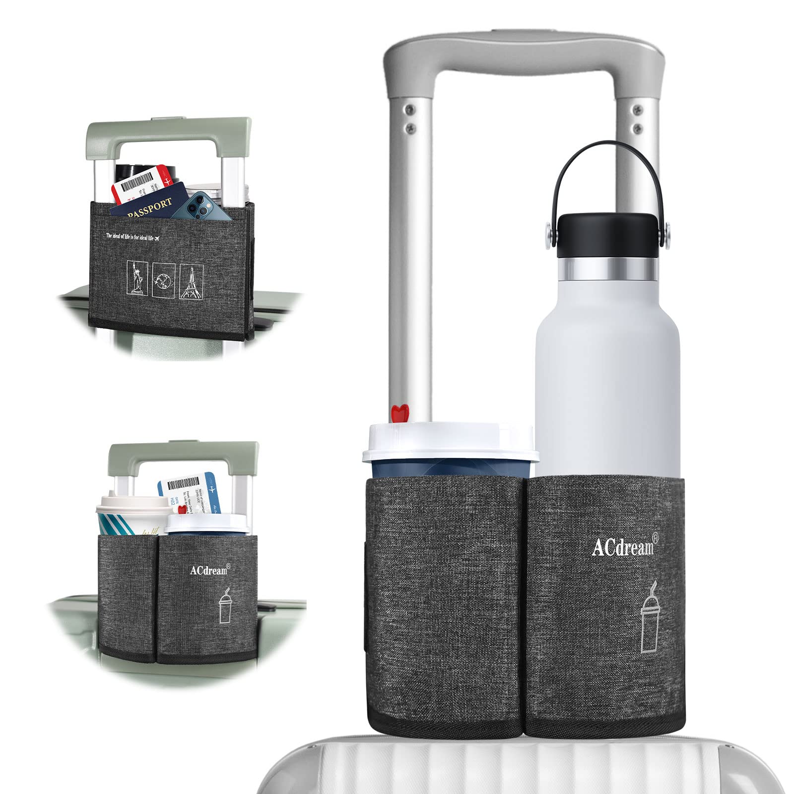 ACdream Luggage Cup Holder, Suitcase Drink Carrier, Free Hand Portable Water and Coffee Caddy Attachment, Flight Attendant Gift Gadgets, Airport Travel Accessories for Airplane, Grey