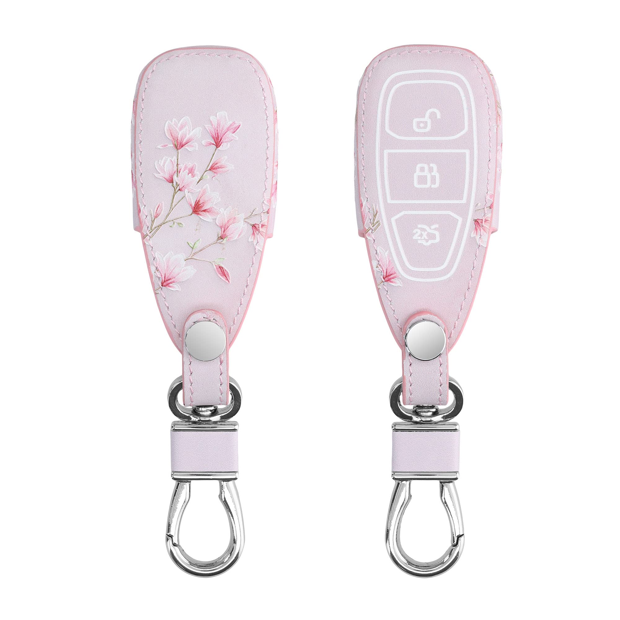 kwmobile Key Cover Compatible with Ford 3 Button Car Key Keyless Go - Faux Leather - Magnolias Pink/White/Dusty Pink