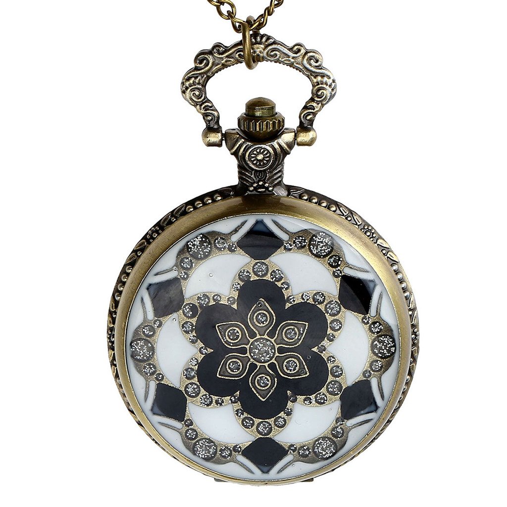 Top Plaza Unisex Antique Case Vintage Bronze Alloy Chain Quartz Pocket Watch Resin Dripping Flower