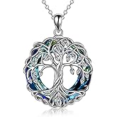 POPLYKE Tree of Life Necklace for Women Sterling Silver Celtic Knot Family Tree With Blue/Purple/Volcano Crystal Irish Gifts for Mom Wife Birthday Christmas