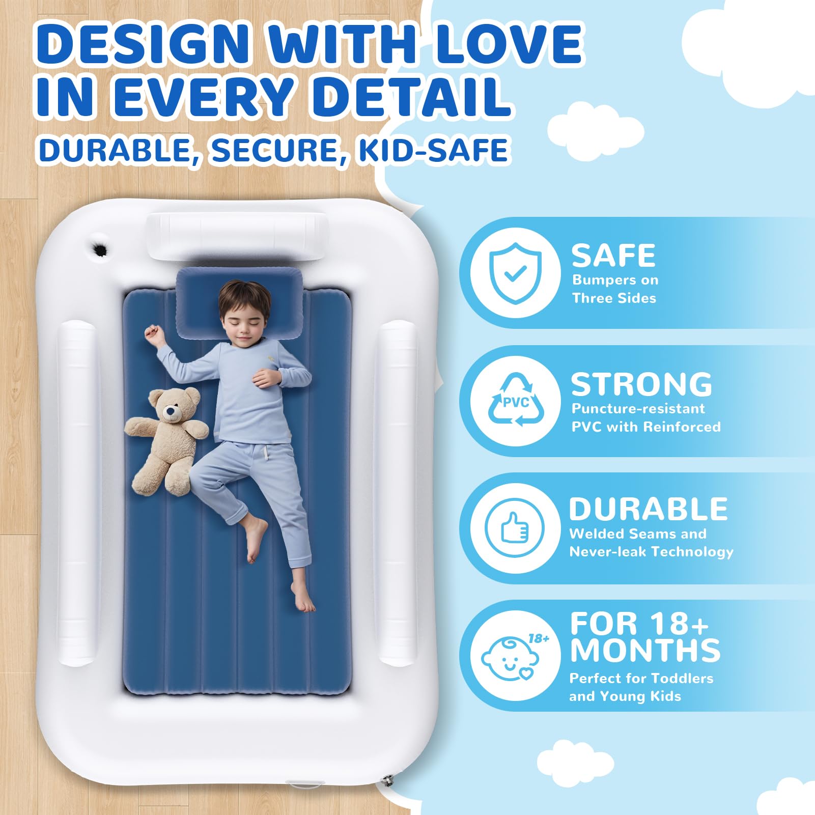 Inflatable Toddler Travel Bed - 60 Inches Portable Toddler Bed for Travel with Safety Sides - Cozy Kids Air Mattress Set with High-Speed Pump & Carry Case - Lightweight & Easy to Inflate -Blue