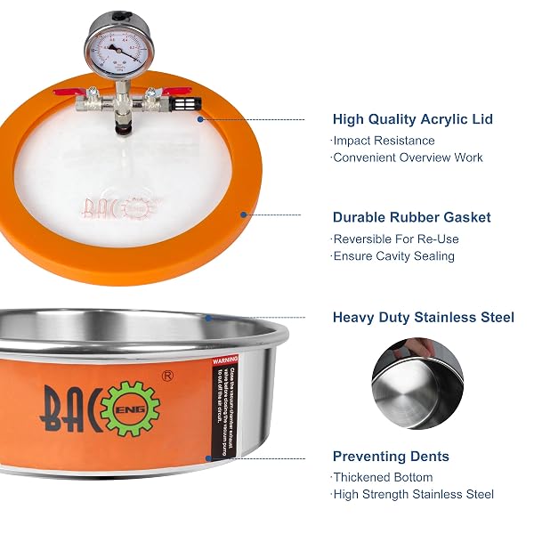 BACOENG 1 GALLON FLAT VACUUM CHAMBER KIT, STAINLESS STEEL VACUUM DEGASSING CHAMBER FOR RESIN, SILICONE AND EPOXIES