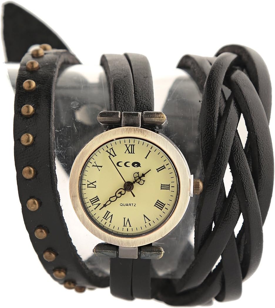 Soulvin Unisex Retro Rivet Charm Watch Weave PU Belt Twine Wrist Bracelet Watch Black