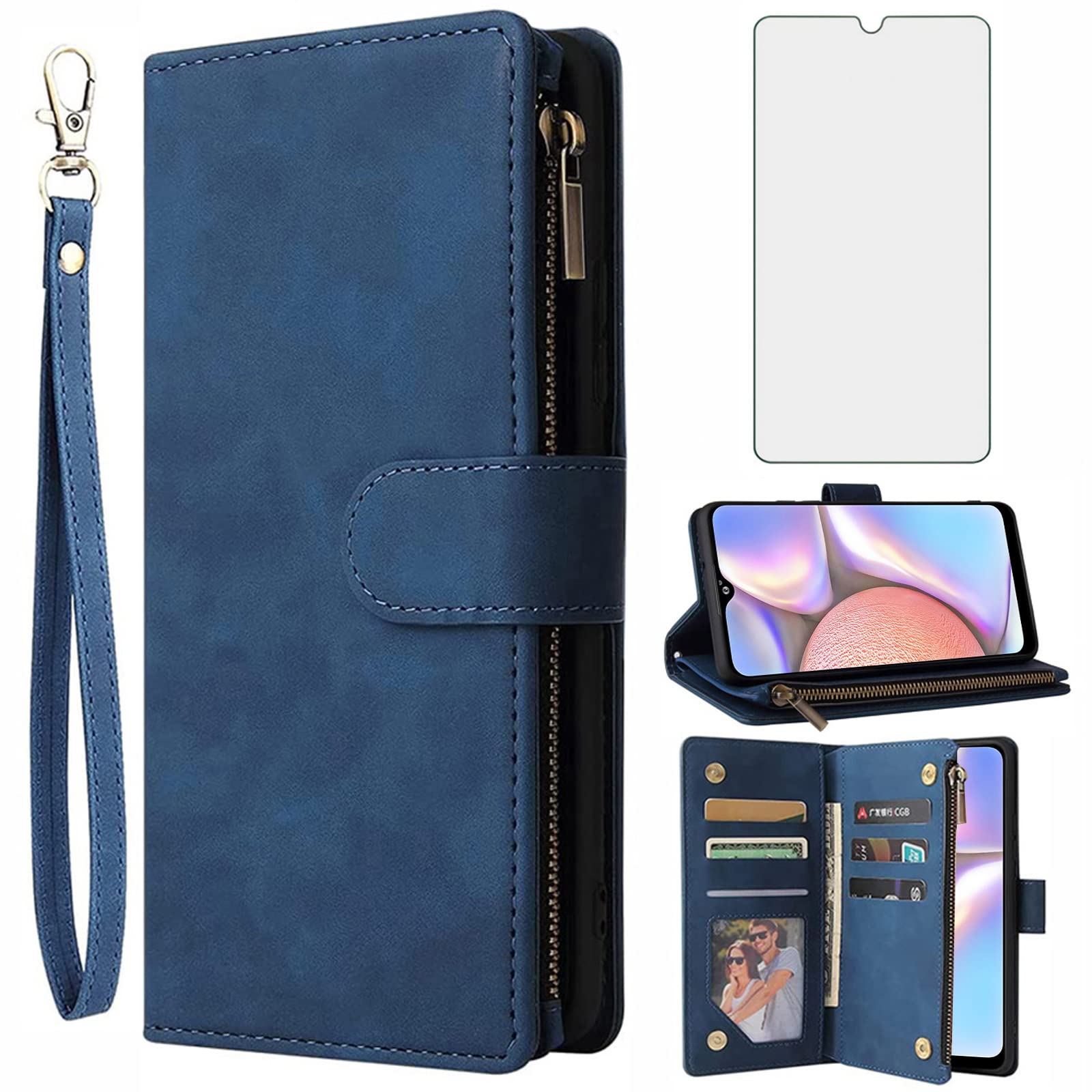 Asuwish Compatible with Samsung Galaxy A10s Wallet Case Tempered Glass Screen Protector and Leather Flip Cover Card Holder Stand Cell Accessories Phone Cases for Glaxay Galaxies A10x Women Men Blue — image 1