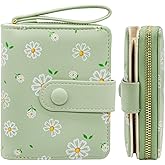 LJCZKA Cute Wallet for Women Small Flower Wallet Card Holder Girls Zipper Leather Wallet Minimalist Kawaii Short Purse (Green)