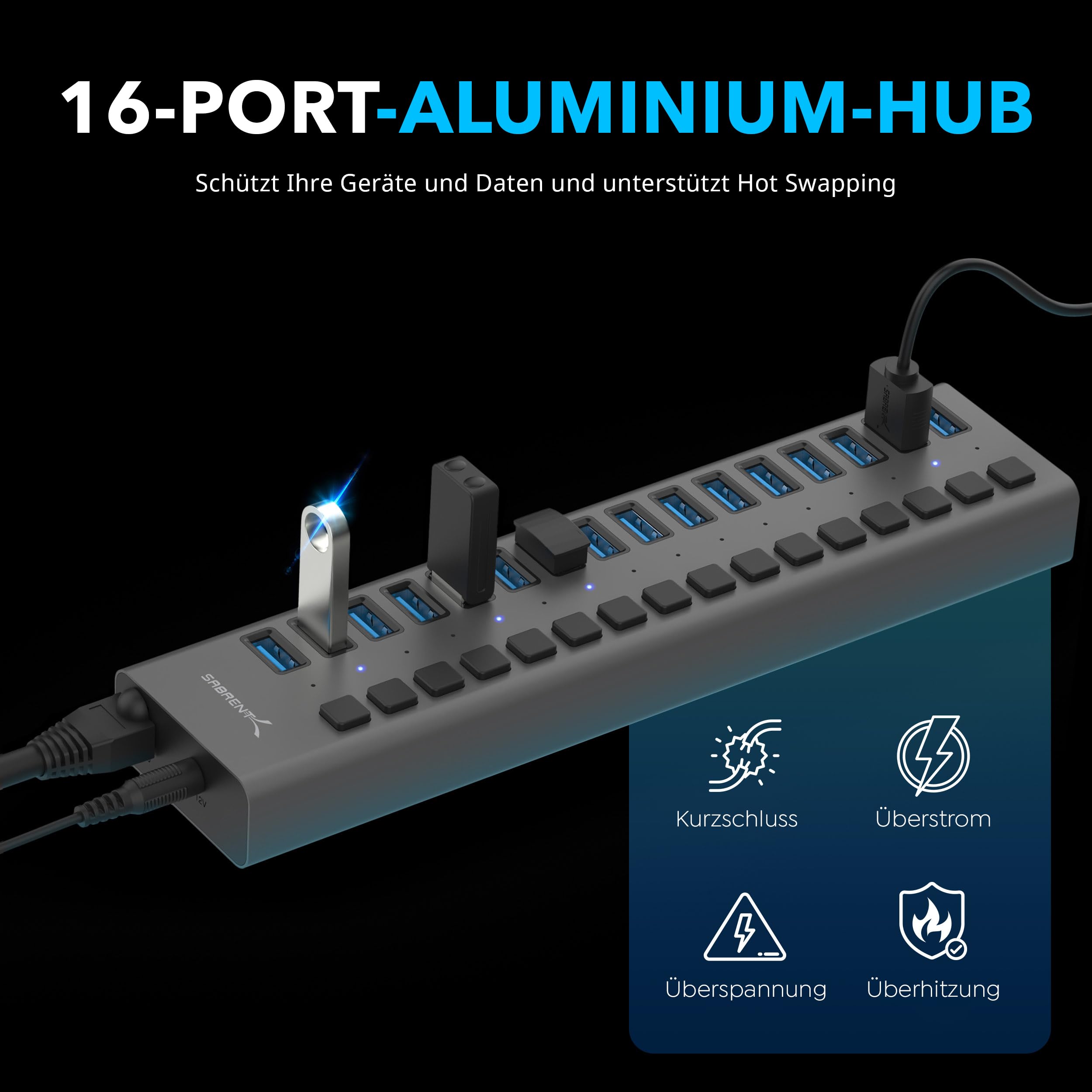 SABRENT 16-Port USB 3.0 Data Hub and Charger with Individual Power Switches, 90W High-Power Output (HB-PU16)