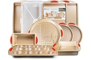 Perlli Baking Pan 10 Piece Set Nonstick Gold Steel Oven Bakeware Kitchen Set with Silicone Handles, Cookie Sheets, Round Cake Pans, 9x13 Pan with Lid, Loaf Pan, Deep Pan, Pizza Crisper, Muffin Pan