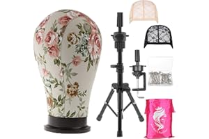 Mannequin Canvas Head with Adjustable Mini Tripod Stand for Wigs DIY Making Salon Display- T-Pins and C-Pins Included (21 Inc