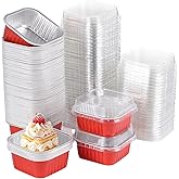 Varku 100 Pcs Mini Square Baking Cups, Aluminum Foil Cake Boxes with Lids, Disposable Ramekins Cupcake Pans, Individual Dessert Containers for Parties, Weddings, Birthdays, Red