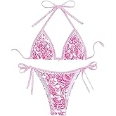 WDIRARA Women's 2 Piece Boho Swimsuits Floral Print Halter String Triangle Bikini Set Beach Bathing Suit
