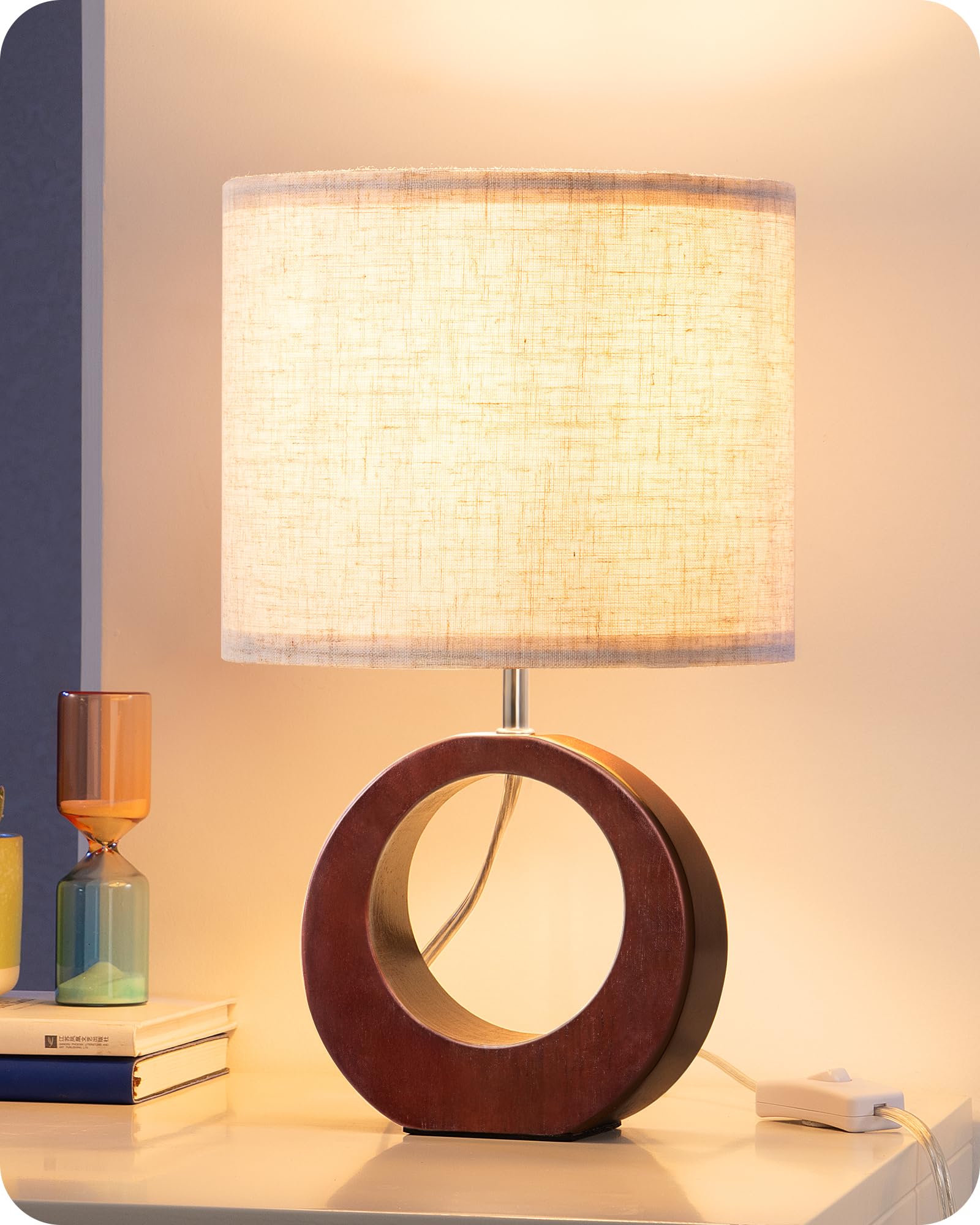 Photo 1 of EDISHINE 13.4" Wood Table Lamp, Small Bedside Lamp with Beige Linen Lampshade & ON-Off Switch, E26 Base, Modern Nightstand Lamp for Living Room, Bedroom, Dark Walnut