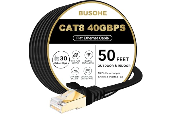 Cat 8 Ethernet Cable 50 FT, BUSOHE 40Gbps 2000MHz Cat8 High Speed Flat Internet Network Patch Cord, SFTP Shielded LAN Wire wi