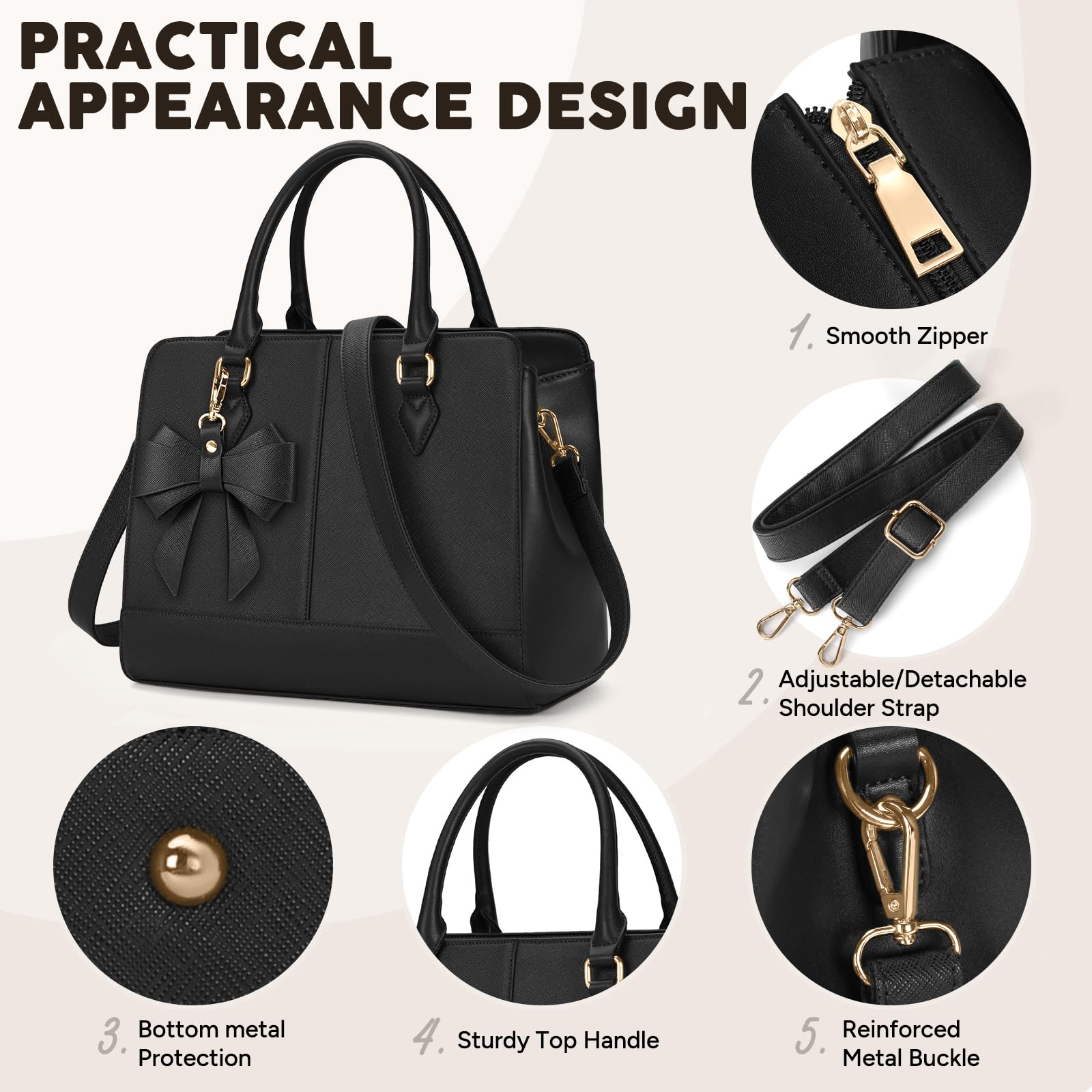 RAINSMORE Handbags for Women Waterproof Ladies Handbags PU Leather 13 Inch Women's Top-Handle Bags Medium Womens Shoulder Bags Fashion Tote Bag for Work Business Casual Black