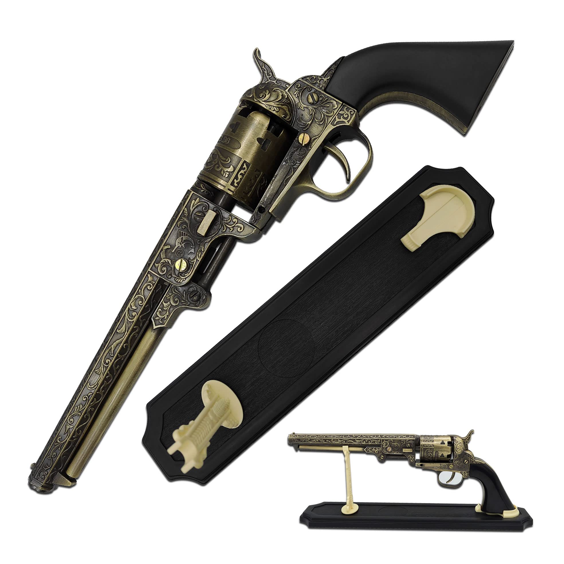 Photo 1 of BladesUSA - Decorative Western Revolver with Display Stand - 13-inches Overall, Western Style Navy Revolver with Ornate Engravings on Body - SMB-110BK - Decorative, Collectible, Cosplay