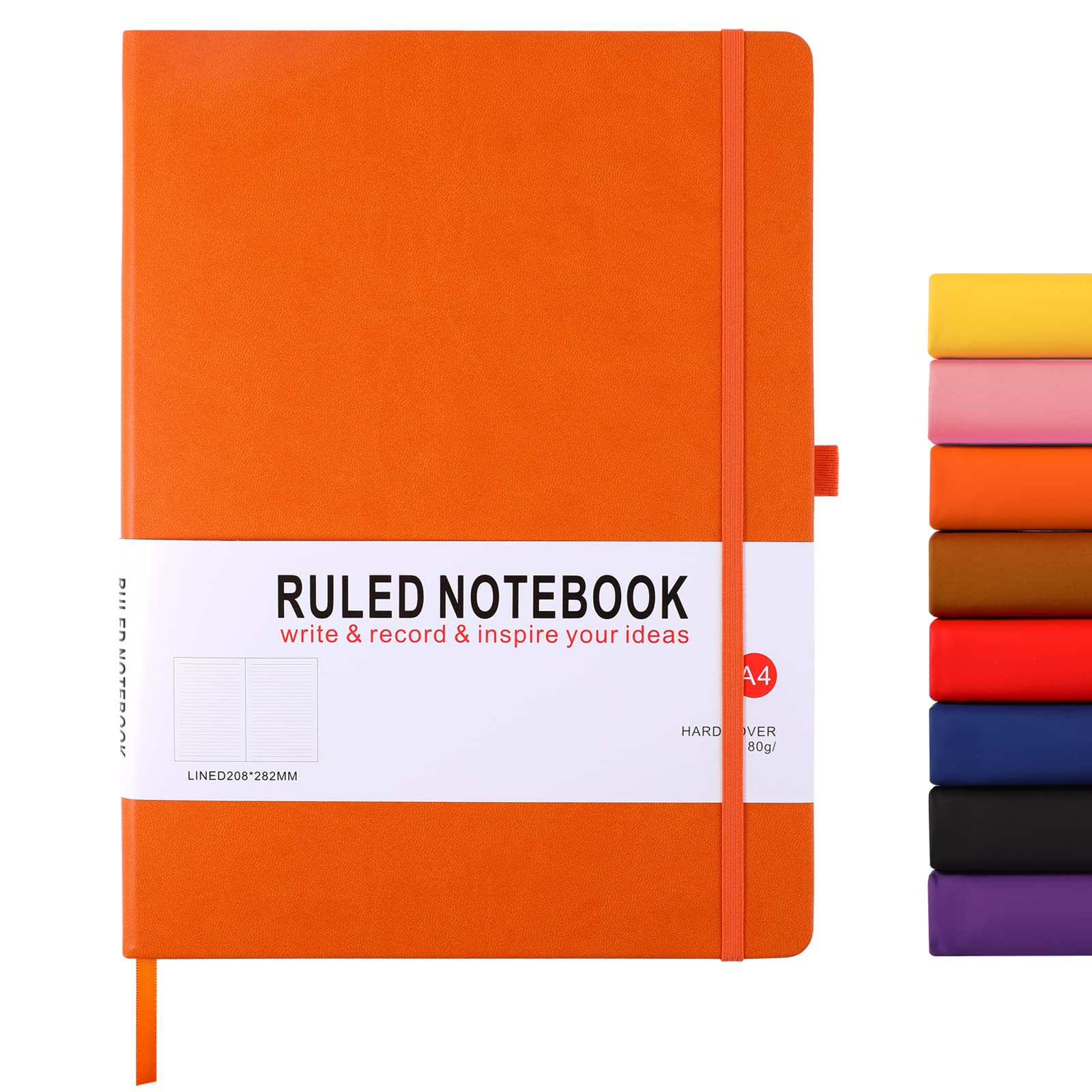A4 Notebook, Notebook A4 Journal Notebook Hardcover Notepad with Bookmark Composition Notebooks, Pen Loop, and Elastic Closure, 8.3" X 11.18"，Orange