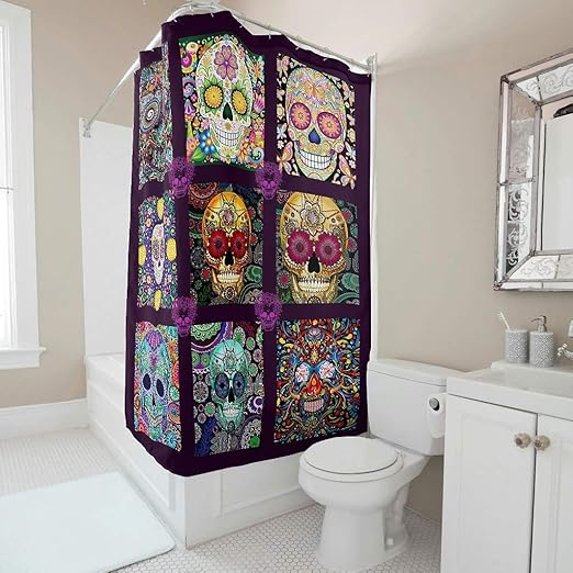 Amazon Com Pocover Fabric Shower Curtains With Hooks Fashion Colorful Sugar Skull Head Floral Tattoo Print Gypsy Shower Curtain Bathroom Decor White 72x72inch Kitchen Dining