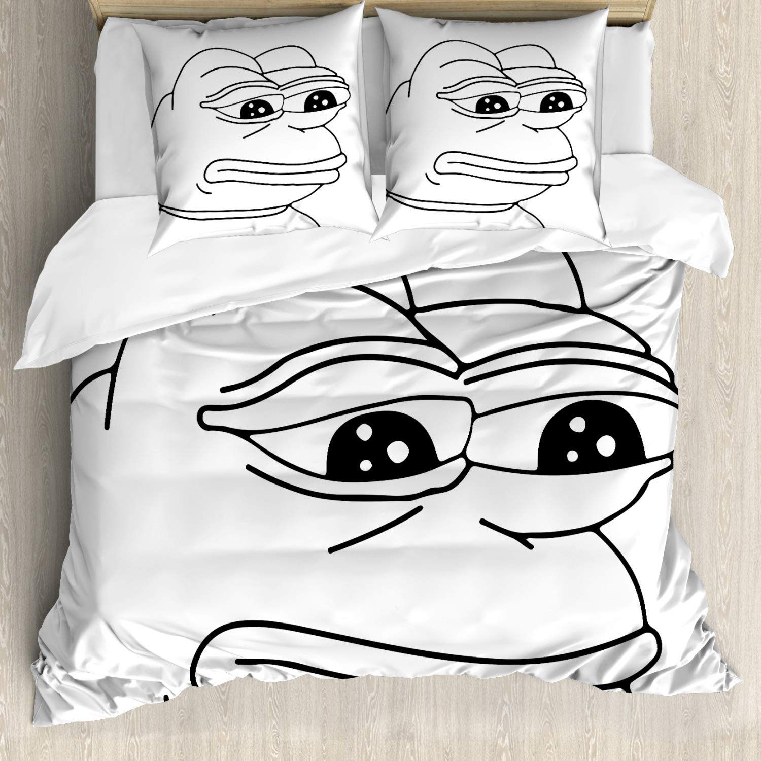 ABAKUHAUS Humor Duvet Cover Set For Double Beds, Crying Frog Meme Cartoon, Mite-Proof Allergy Sufferer Suitable with Pillowcases, White Black