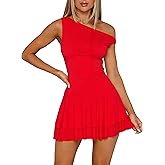 ForeFair Women's Sexy Off Shoulder Bodycon Mini Dresses Sleeveless Ruffle Hem Party Club Short Dress