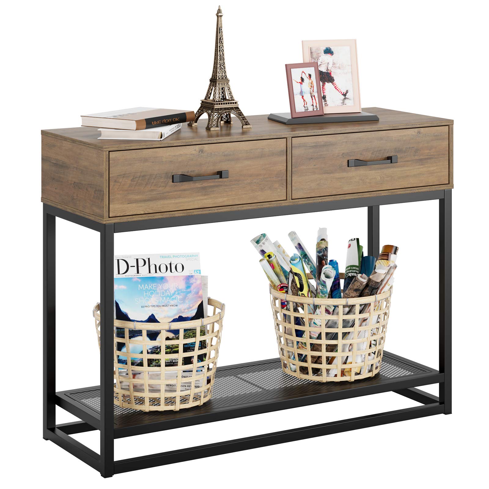 HOMECHO Console Table, Sofa Table, Industrial Entryway Table with 2 Drawers and Storage Shelf, for Entryway Hallway Living Room (40", Rustic Brown)
