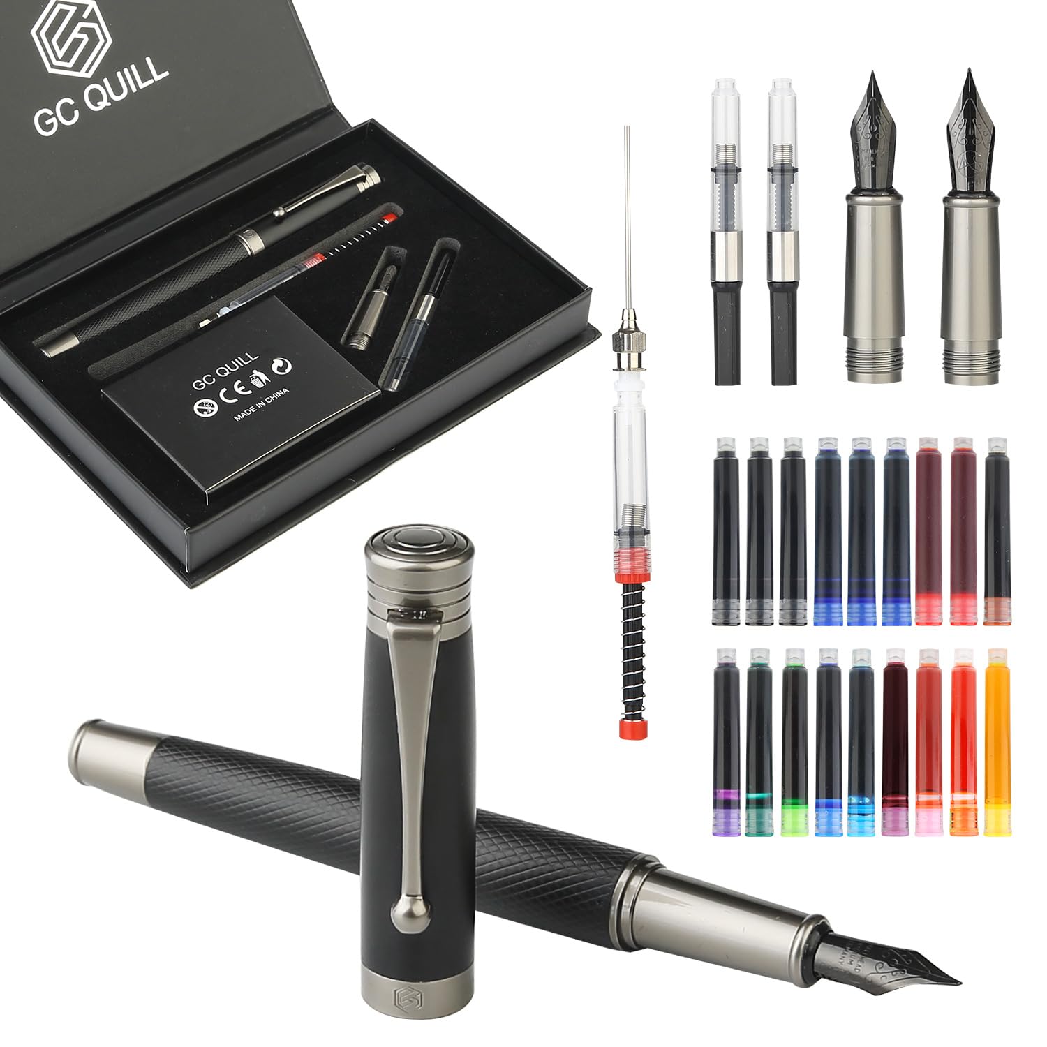 GC QUILL Fountain Pen Set - Fine and Medium Nibs, Includes 18 Ink Cartridges, Ink Refill Converter and Syringe Filler, Gift for Writing Journaling Calligraphy– MU-13