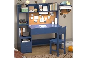 RUPOLX Wooden Blue Kids Study Desk and Chair Set, 4 Drawers and Storage Cabinets, Children Desk with 4 Open Hutch and Shelves, Girls Study Desk for Kids Bedroom-002
