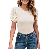 MIRALUNA Women's Round Neck Slimming Swiss Dots Mesh Puff Sleeve Bodysuit Blouse Casual Ribbed Knit Jumpsuit Shirts Tank Tops