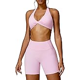 ABOCIW Workout Sets for Women Twist Front Halter Neck Sports Bra High Waist Biker Shorts 2 Piece Gym Outfits